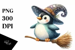 Colorful Whimsical Penguin Witch Broom Clipart Product Image 1