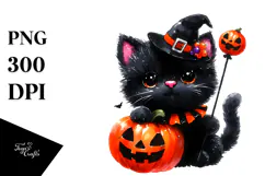 Cute Halloween Black Cat with Pumpkin Clipart Product Image 1
