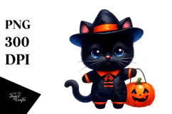 Cute Halloween Black Cat with Pumpkin Clipart Product Image 1