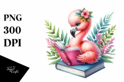 Vibrant Baby Flamingo Reading a Book | Clipart Product Image 1