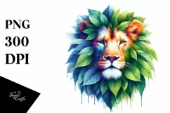 Abstract Vibrant Lion with Plant Leaves PNG Product Image 1