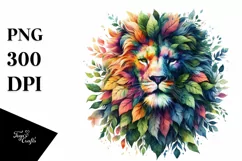 Abstract Vibrant Lion with Plant Leaves PNG Product Image 3