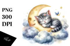 Sleeping Baby Kitten on the Moon, Watercolor PNG Product Image 1