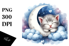Sleeping Baby Kitten on the Moon, Watercolor PNG Product Image 1