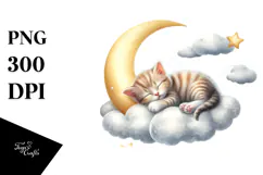 Sleeping Baby Kitten on the Moon, Watercolor PNG Product Image 1