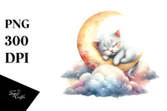 Sleeping Baby Kitten on the Moon, Watercolor PNG Product Image 1