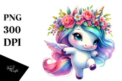 Cute Unicorn with Floral Wreath PNG Product Image 1