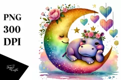 Colorful Hippo Sitting on Half Moon PNG Product Image 1