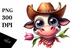 Watercolor Cow Hat Big Eyes |Clipart Product Image 1