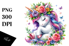 Cute Baby Unicorn with Floral Wreath PNG Product Image 1