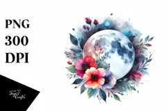 Vibrant Abstract Moon with Flowers | Watercolor Clipart Product Image 3