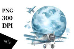 Watercolor Washed Blueish Vintage Plane | Clipart Product Image 1