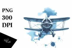 Watercolor Washed Blueish Vintage Plane | Clipart Product Image 1
