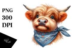 Funny Highland Cow Portrait Bandana | Watercolor Clipart Product Image 1