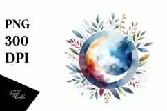 Vibrant Abstract Moon with Foliage | Watercolor Clipart Product Image 3