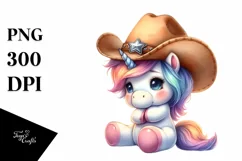 Watercolor Pastel Cute Baby Unicorn Cowboy Hat Clipart Product Image 3