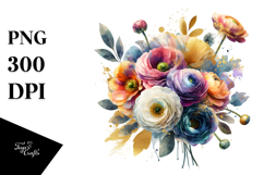Colorful Bouquet with Gold Foil Ranunculus | Watercolor Product Image 1