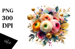 Colorful Bouquet with Gold Foil Ranunculus | Watercolor Product Image 1