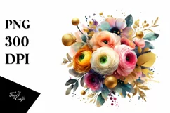 Colorful Bouquet with Gold Foil Ranunculus | Watercolor Product Image 1