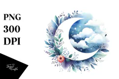 Vibrant Watercolor Whimsical Moon with Foliage Clouds Product Image 1