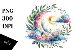 Vibrant Watercolor Whimsical Moon with Foliage Clouds Product Image 1