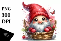Cute Small Smiling Gnome in Basket Watercolor Art | Clipart Product Image 1