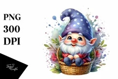 Cute Small Smiling Gnome in Basket Watercolor Art | Clipart Product Image 1