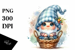 Cute Small Smiling Gnome in Basket Watercolor Art | Clipart Product Image 1