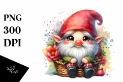 Cute Small Smiling Gnome in Basket Watercolor Art | Clipart Product Image 3