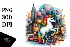Watercolor Unicorn Urban Scene PNG Product Image 3