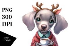 Enthusiastic Weimaraner with Reindeer Horns PNG Product Image 1