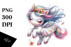 Cute Baby Unicorn Tumbling with Spring Petals | Watercolor Product Image 1