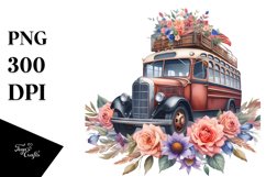 Vintage Bus Flowers,USA Flag | Sublimation | Clipart Product Image 3