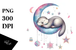 Vibrant Whimsical Otter Sleeping on the Moon PNG Product Image 1
