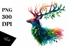 Abstract Vibrant Deer with Plant Leaves PNG Product Image 1