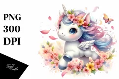 Watercolor Cute Baby Unicorn with Spring Petals | Clipart Product Image 1