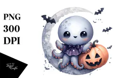 Cute Baby Octopus on Moon, Transparent PNG Product Image 1