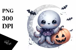 Cute Baby Octopus on Moon, Transparent PNG Product Image 3