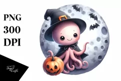 Cute Baby Octopus on Moon PNG Product Image 3