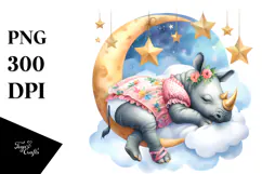 Vibrant Baby Rhino Sleeping on Moon PNG Product Image 1