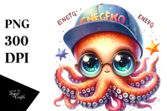 Charming Baby Octopus with Hat and Sunglasses PNG Product Image 1