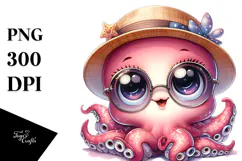 Playful Baby Octopus with Hat and Sunglasses PNG Product Image 1