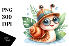 Smiling Baby Snail with Hat and Sunglasses, Watercolor PNG Product Image 1
