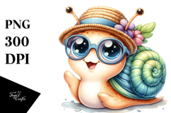 Smiling Baby Snail with Hat and Sunglasses, Watercolor PNG Product Image 1