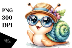 Smiling Baby Snail with Hat and Sunglasses, Watercolor PNG Product Image 1