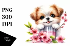 Smiling Babydog with Cherry Blossom | Sublimation | Clipart Product Image 1