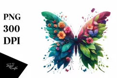 Abstract Vibrant Butterfly with Plant Leaves PNG Product Image 1