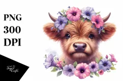 Colorful Smiling Highland Cow with Wreath Clipart Product Image 1