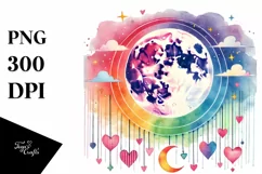 Simple Watercolor Moon with Hanging Hearts PNG Product Image 1