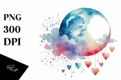 Simple Watercolor Moon with Hanging Hearts PNG Product Image 1